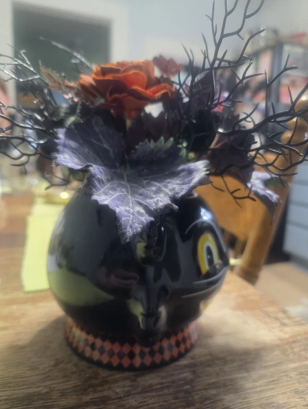 Halloween Artificial Floral Arrangement Cat Theme Black Ceramic Pot 10 Inches